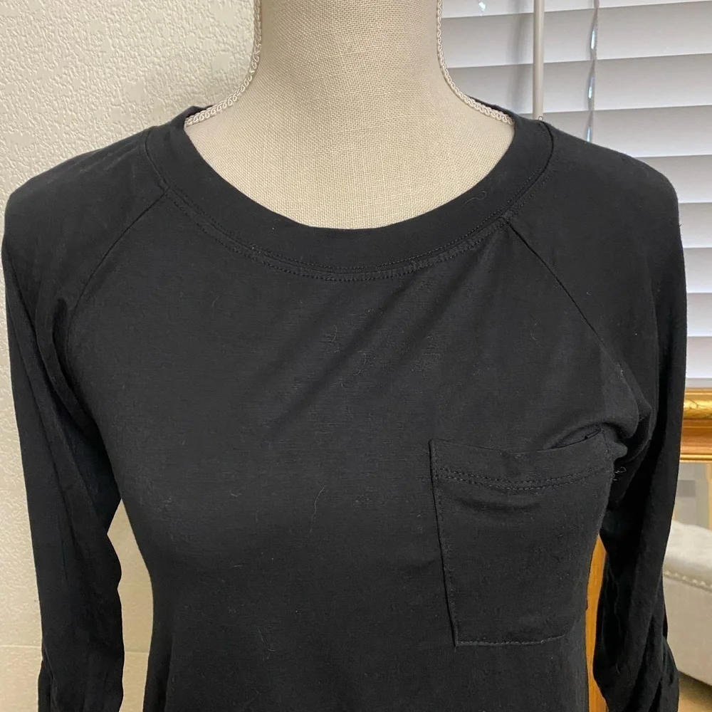 DNA Couture black 3/4 sleeve sheer back hi low top, Sz. S